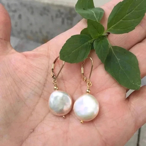 Peach Color Pearls, Coin Shape Earrings, Natural Color Pearls,June Birthdays - Picture 3 of 4